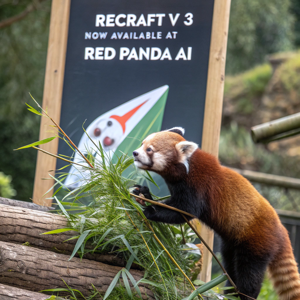 AI generated image by Red Panda AI: a red panda eating a bamboo in front of a poster that says "recraft V3 now available at red panda ai