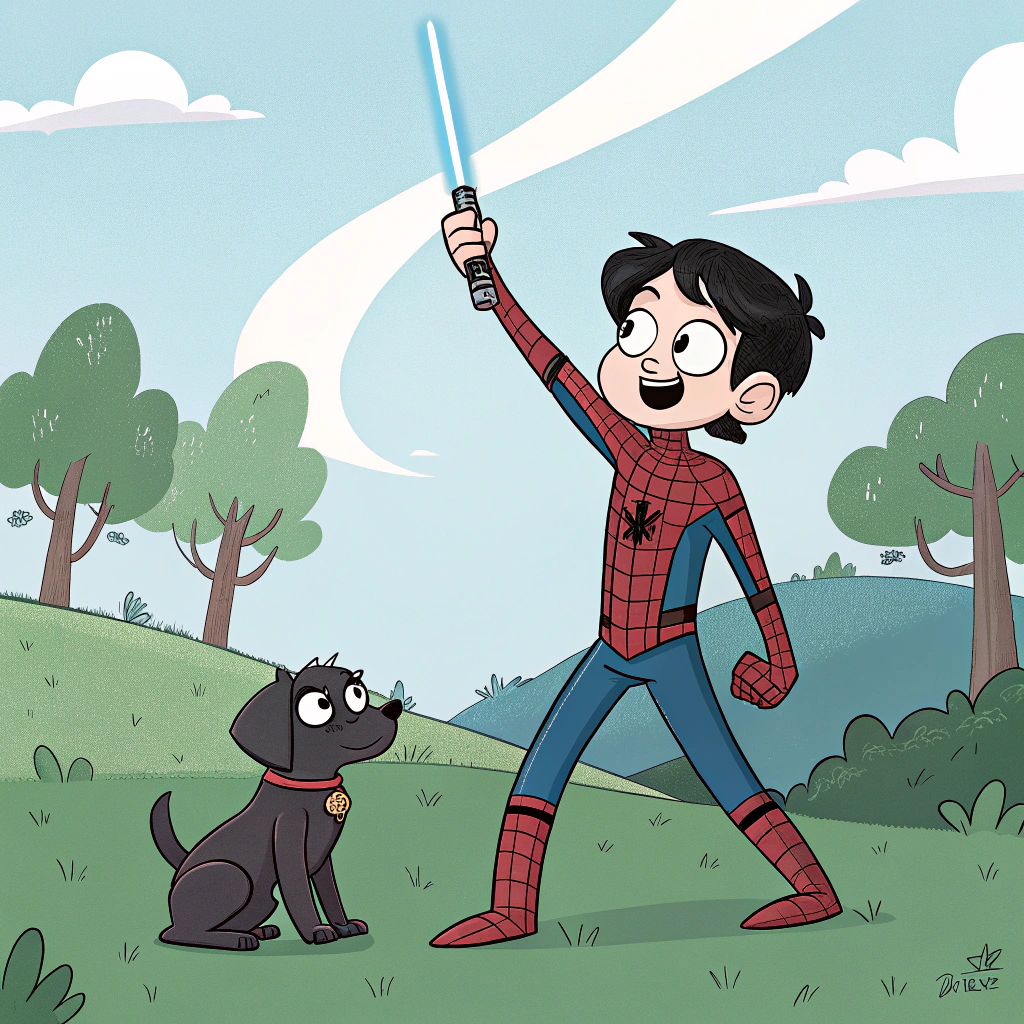AI generated image by Red Panda AI: quiero a un chico de 14 años, de piel blanca,pelo negro que este disfrazado de spiderman que en su mano derecha tenga alzado un trofeo y que en su mano izquierda tengauna espada laser, y que a la par de el este una perrita negra chiquita y que de fondo haya un paisaje de pasto, arboles, cielo y nubes y que toda la imagen este animada
