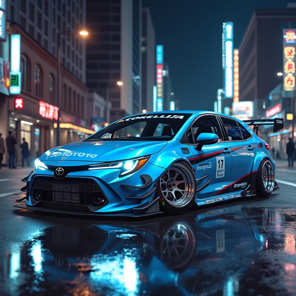 AI generated image by FLUX.1-pro: A hyper-realistic racing Toyota Corolla, painted in a striking light blue (sky blue) and chrome color scheme, with polished chrome details on the side mirrors and the rear wing. The car features chrome racing wheels that reflect the city lights, and an aggressive, modern aerodynamic design including a sharp front splitter, wide side skirts, and a sculpted rear diffuser. The front headlights are uniquely shaped like hearts, glowing brightly in the urban night environment. The car sits low with a wide stance, emphasizing its racing performance. It is positioned on a city street at night, surrounded by neon reflections, streetlights, and glowing signs. The photo is taken from a semi-lateral angle, showcasing both the front and side of the car, with reflections dancing across its chrome surfaces. The background includes tall buildings, wet pavement, and a dynamic, atmospheric nighttime city vibe.