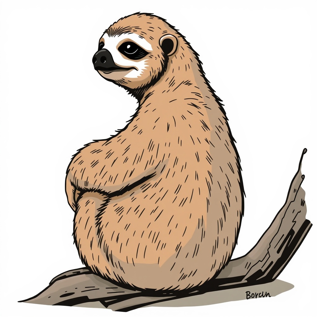 AI generated image by FLUX.1-schnell: A sloth sitting on his bum, facing toward camera, arm to the side. Borderland cel shaded style.