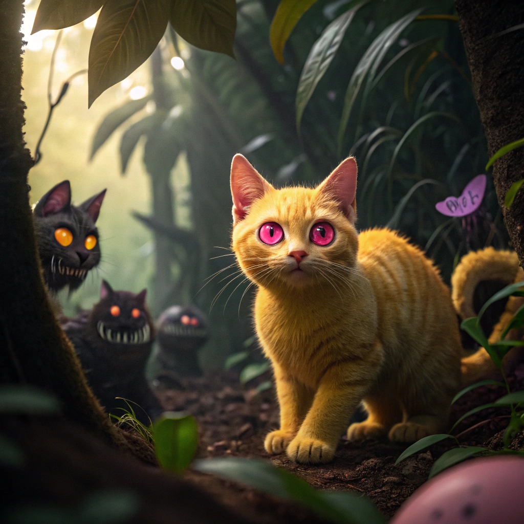 AI generated image by FLUX.1-schnell: Maak een foto van een halloween stijl gele kat met roze ogen. Zorg dat het een pixar uistraling heeft. Zet hem in de jungle met allemaal gevaarlijke engen wezens om hem heen.