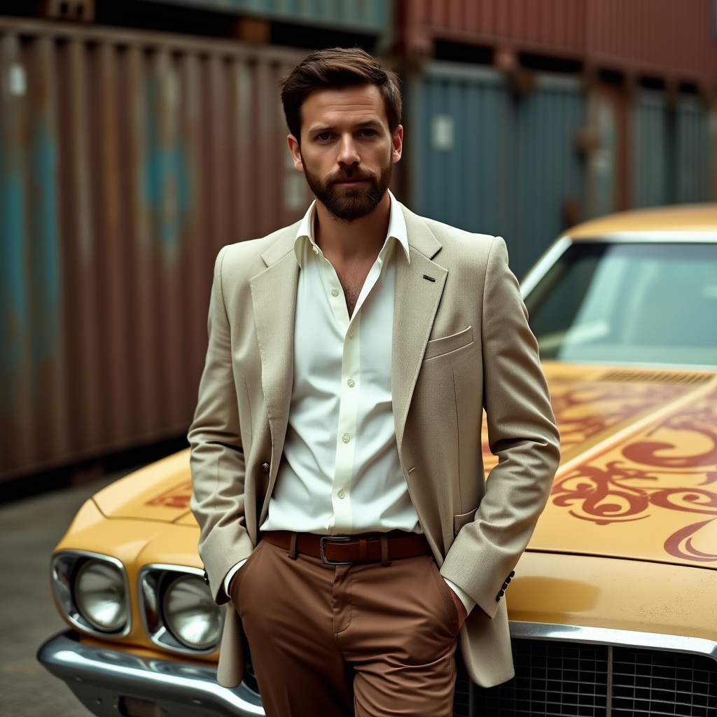 AI generated image by FLUX.1-pro: Full shot of a man dressed in a light beige blazer, a white collared shirt, and brown pants. 


The man has dark brown hair styled in a short, slightly tousled fashion, and a prominent beard.  He is looking directly at the viewer. He is holding his hands in his front pants pockets. 


A light-brown-orange vintage-style car is positioned behind and slightly to the right of the man, with its front end visible. The car hood shows some sort of ornate yellow and orange design. 


Metal shipping containers and a section of what seems to be a warehouse or industrial background are visible in the background, contributing to a setting that has a gritty feel. 


The overall lighting suggests a slightly overcast natural light. Soft shadows fall on the man’s body and parts of the car.  The image has a stylized, almost cinematic quality to it.