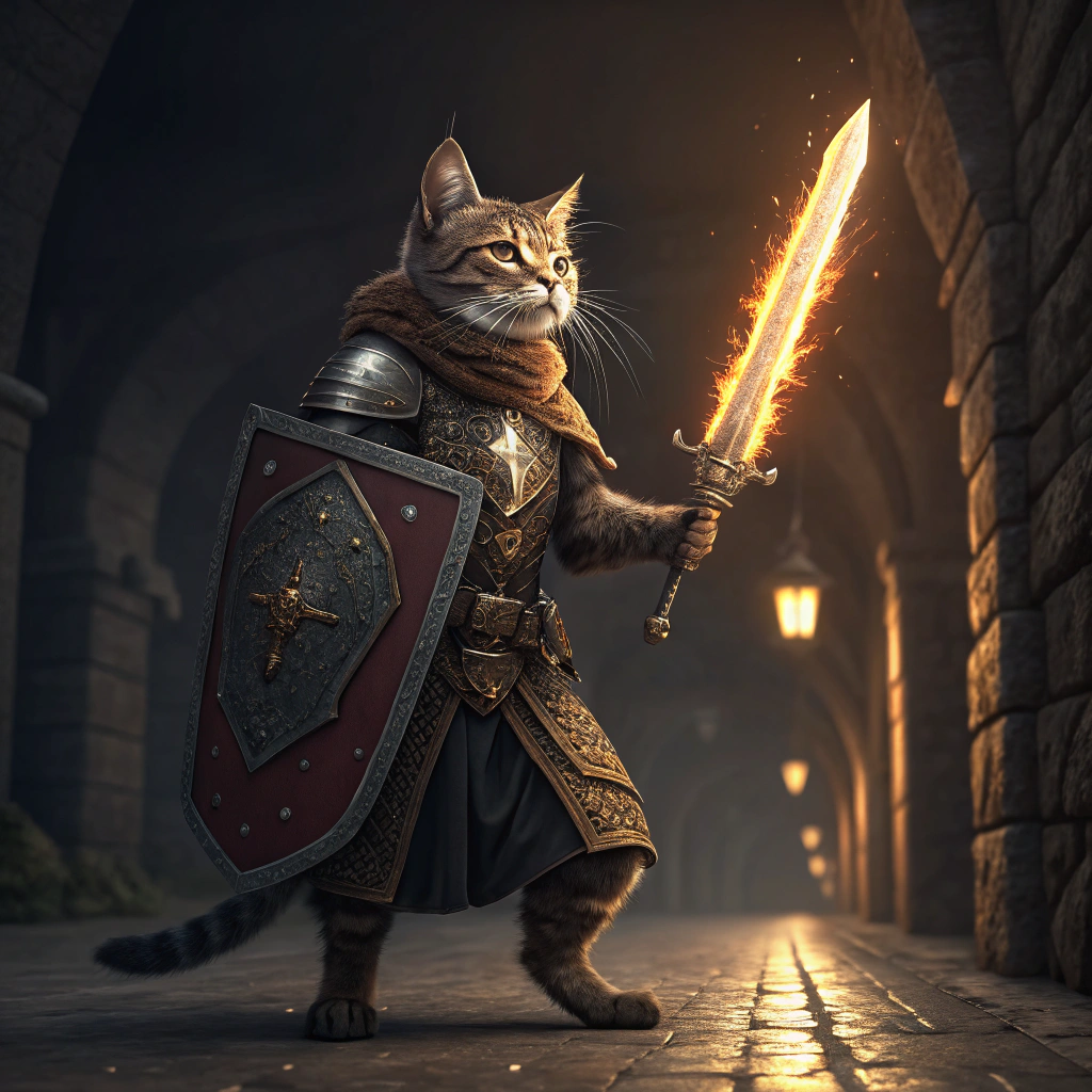 AI generated image by Red Panda AI: realistic image of a cat dressed as a medieval warrior with a flaming sword in his hand
