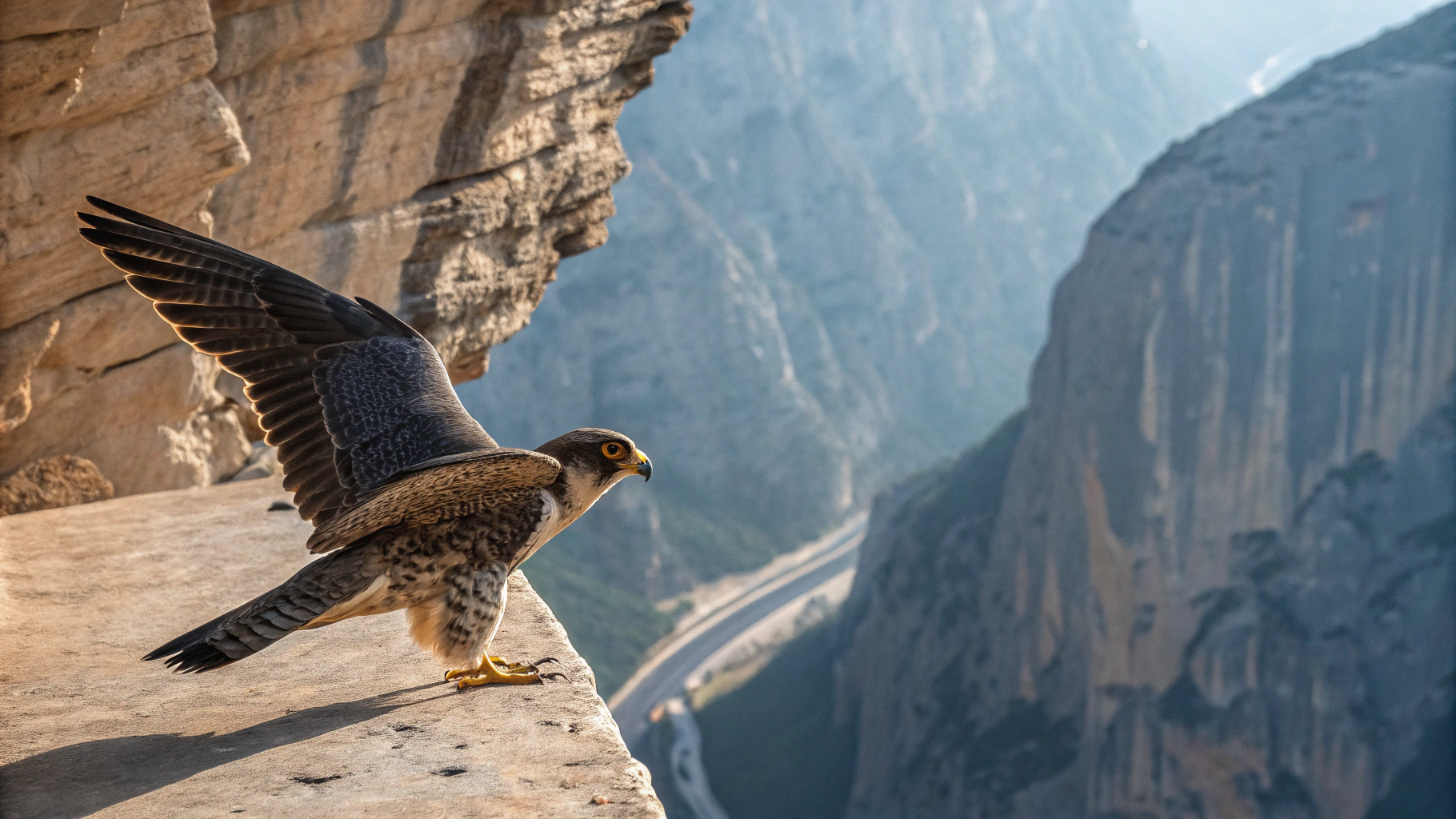 AI generated image by Red Panda AI: Picture a majestic falcon perched on a narrow ledge high on a cliff face. The bird is perfectly still, wings slightly raised as if deciding whether to take flight.