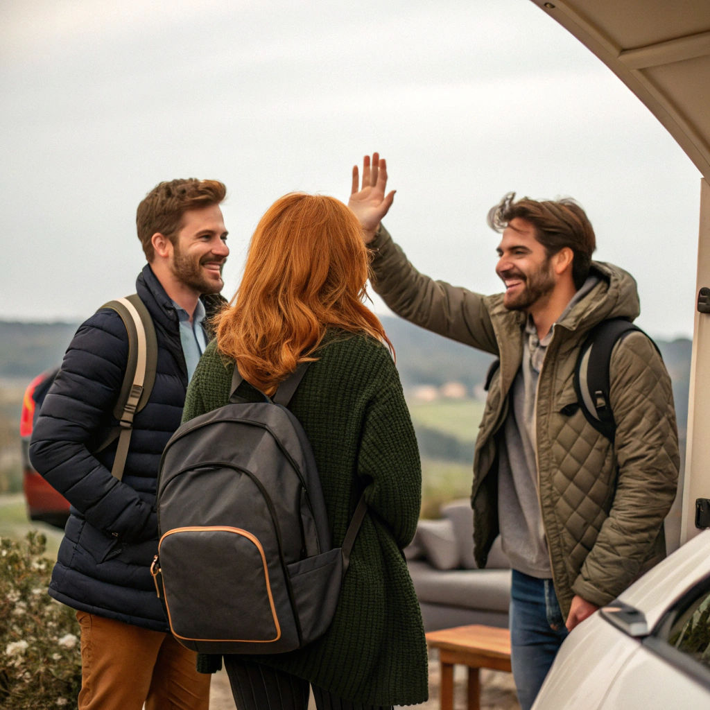 AI generated image by Red Panda AI: 3 male friends wishing their friend the copper haired woman a warm goodbye as she takes off on a new journey to somewhere safe and warm and inviting 