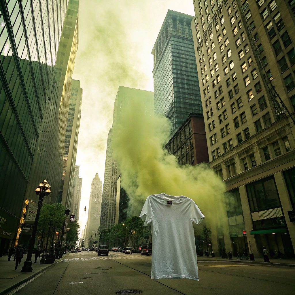 AI generated image by Red Panda AI: Mockup of a t-shirt in the center of an urban scene, surrounded by tall, modern buildings. Realistic photography with an acidic atmosphere, featuring intense colors like greens and yellows. The contrast between the softness of the t-shirt and the rigidity of the city creates a sense of chaos and urban energy