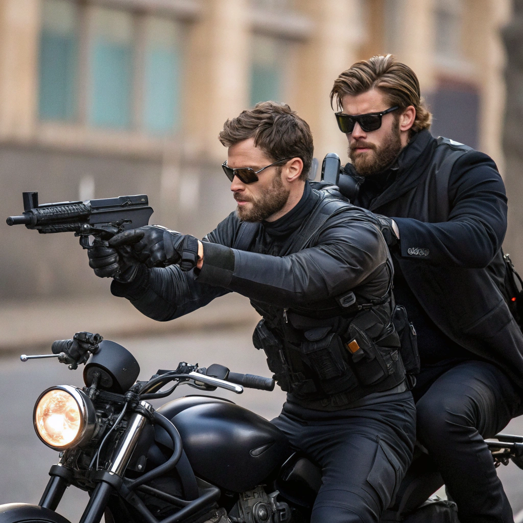 AI generated image by Red Panda AI: Jamie dornan and Chris Hemsworth on a motorcycle in full motorcycle leathers and gloves firing an uzi fully automatic.