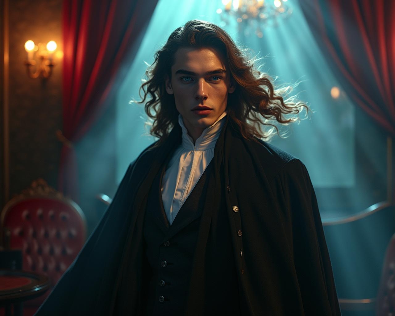 AI generated image by FLUX.1-pro: a striking young aristocratic man with (flowing long brown hair), cinematic portrait composition, ethereal recessed lighting casting dramatic shadows, moody nightclub interior with velvet curtains and Art Nouveau details, iridescent palette, volumetric fog, rim lighting, dark atmospheric ambiance, elegant vampire aesthetic, porcelain skin with subtle subsurface scattering, high fashion editorial style, shallow depth of field, octane render, hyperrealistic detail, highly detailed facial features, 8k resolution