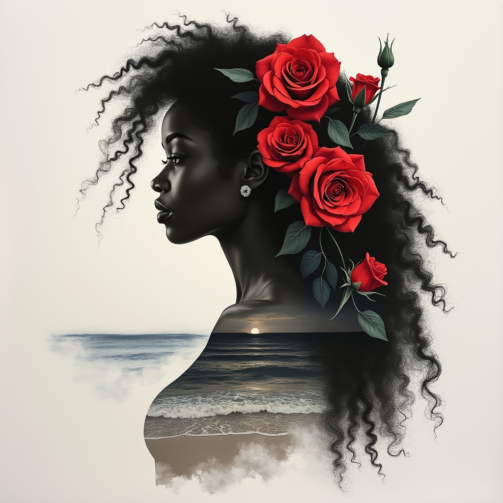 AI generated image by FLUX.1-pro: An exquisite ink painting on white paper using double exposure photography style, featuring the silhouette of an African American woman with long curly hair. Her volume-shaded silhouette merges seamlessly with beautiful red roses in her hair, their vibrant color standing out against the monochrome background. The background is a soft white, with the faint outline of a serene beach merging into the scene, giving an ethereal, dreamlike quality. The beach's soft waves and horizon gently fade into her silhouette, creating a harmonious fusion between nature and the human form.
