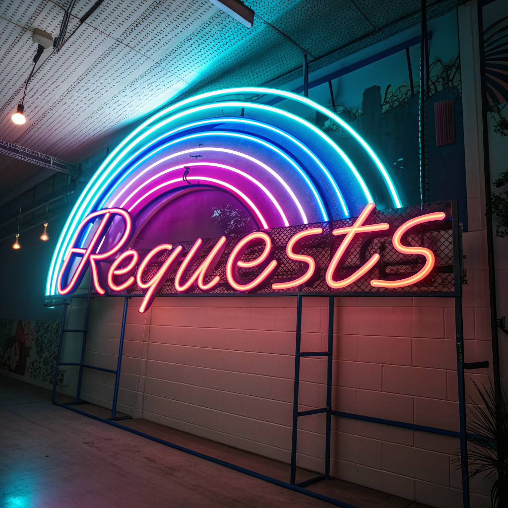 AI generated image by Red Panda AI: a utah style neon sign saying "Requests" 