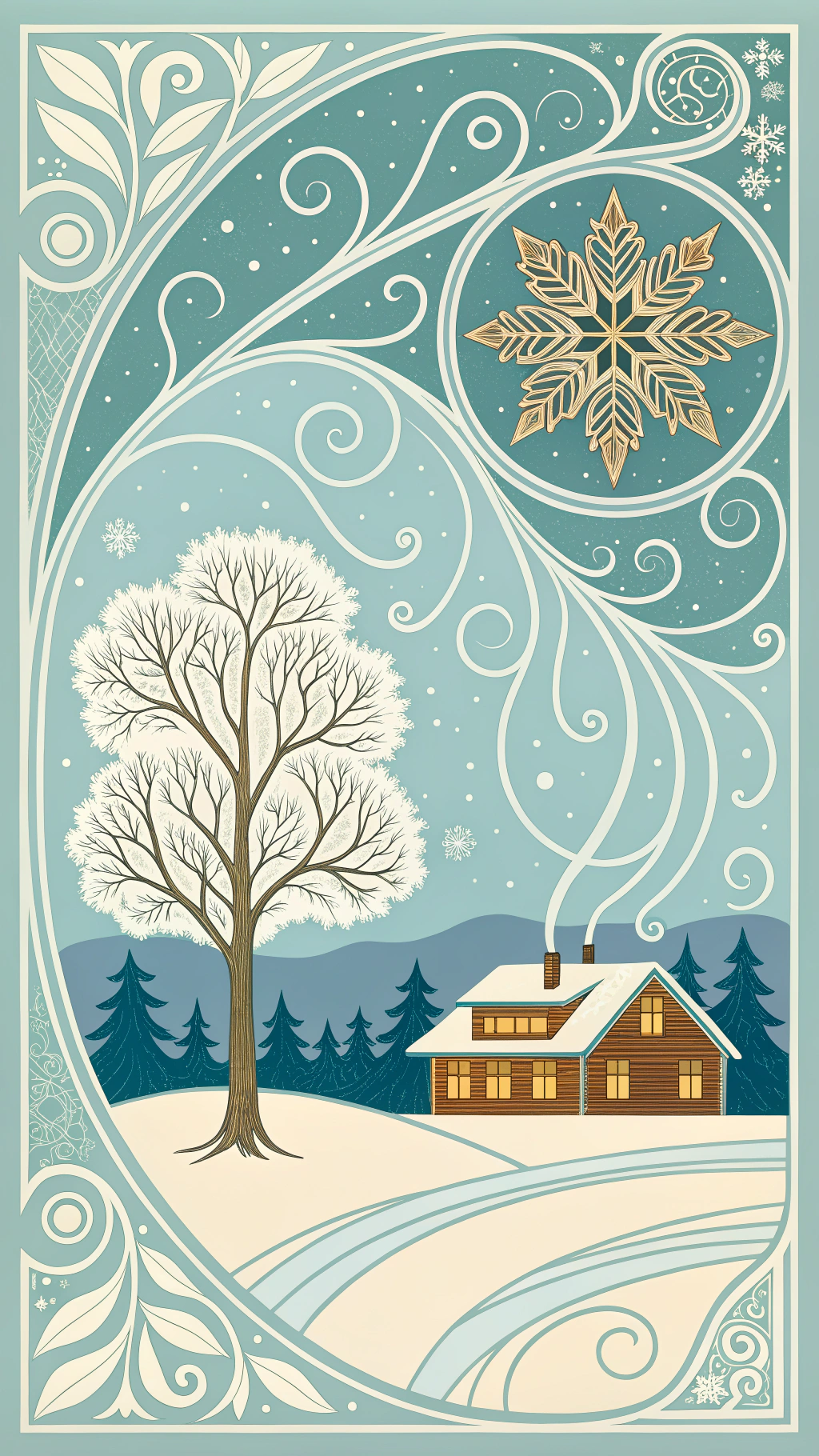 AI generated image by Red Panda AI: Represent all the most importants symbols of winter in an Art nouveau style like Mucha
