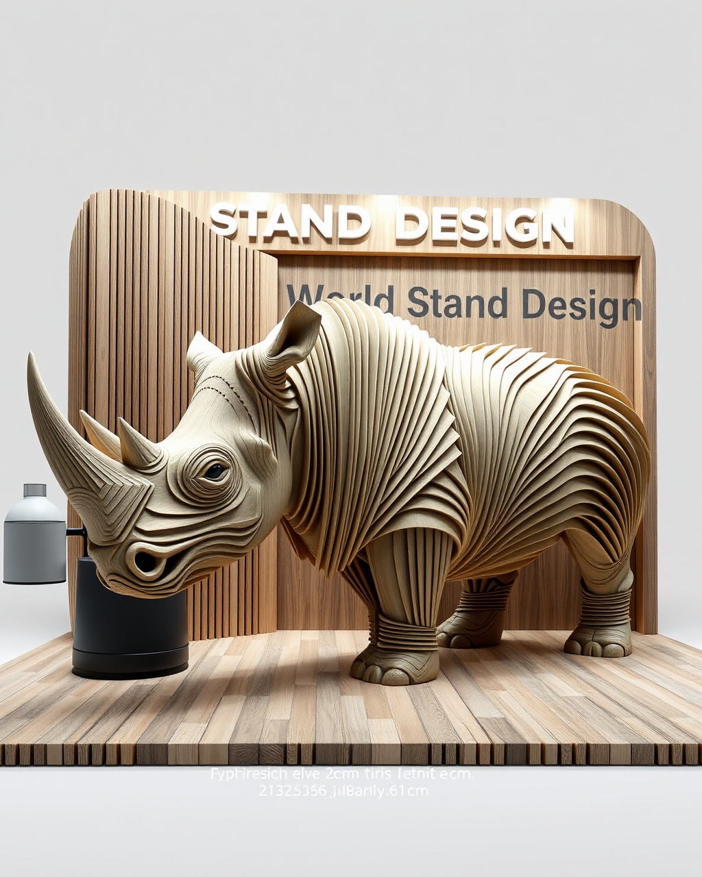 AI generated image by FLUX.1-schnell: Create a visually striking and captivating rendering for the "WORLD STAND DESIGN" exhibition booth. The design should prominently showcase the company’s logo at the top, ensuring it stands out and draws the eye of attendees. 

For the booth's aesthetic, draw inspiration from an abstract 2D representation of a rhinoceros. This will be achieved through the innovative use of wooden strips, each measuring 2 cm in thickness, arranged artistically to evoke the qualities and silhouette of the rhinoceros. The strategic placement and layering of these wooden elements will not only highlight the unique theme but also create a dynamic visual experience that engages and intrigues visitors, embodying the essence of nature and design.