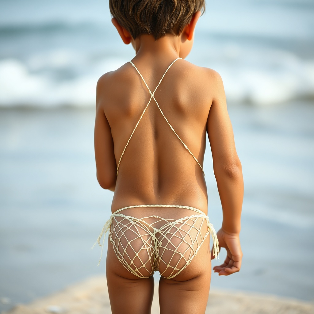 AI generated image by FLUX.1-schnell: A young boy, approximately 12 years old, wearing a tight, see-through bikini made of string, with his back to the camera, bends forward. 