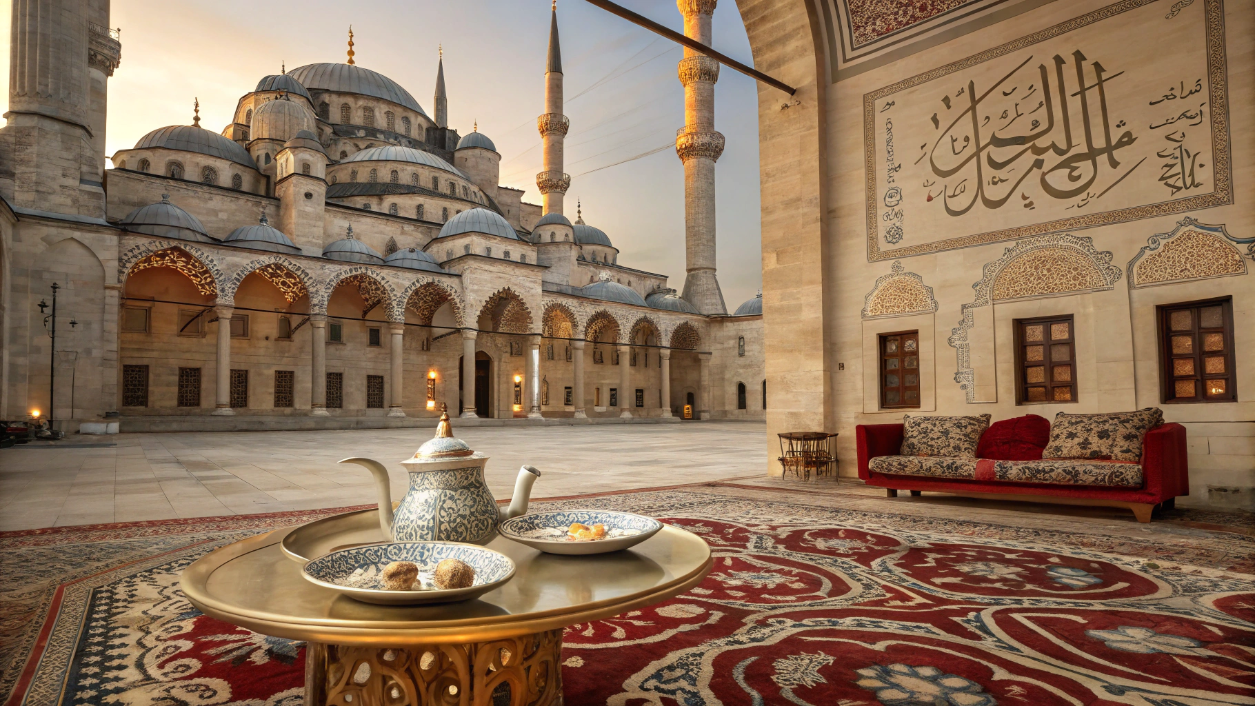 AI generated image by Red Panda AI: Create an image showcasing the synthesis of Turkish and Islamic cultures. The scene should be set in a grand, intricately designed interior that combines traditional Turkish and Islamic architectural elements, such as domes, arches, and detailed tile work. Display ornate Turkish carpets, calligraphy, and patterns inspired by both Turkish and Islamic art. Include elements like a tea set, traditional Ottoman furniture, and motifs from Turkish folklore, all bathed in warm, soft lighting to evoke a serene, spiritual atmosphere. In the background, hint at Arabic calligraphy on the walls and geometric patterns, blending seamlessly with Turkish motifs.