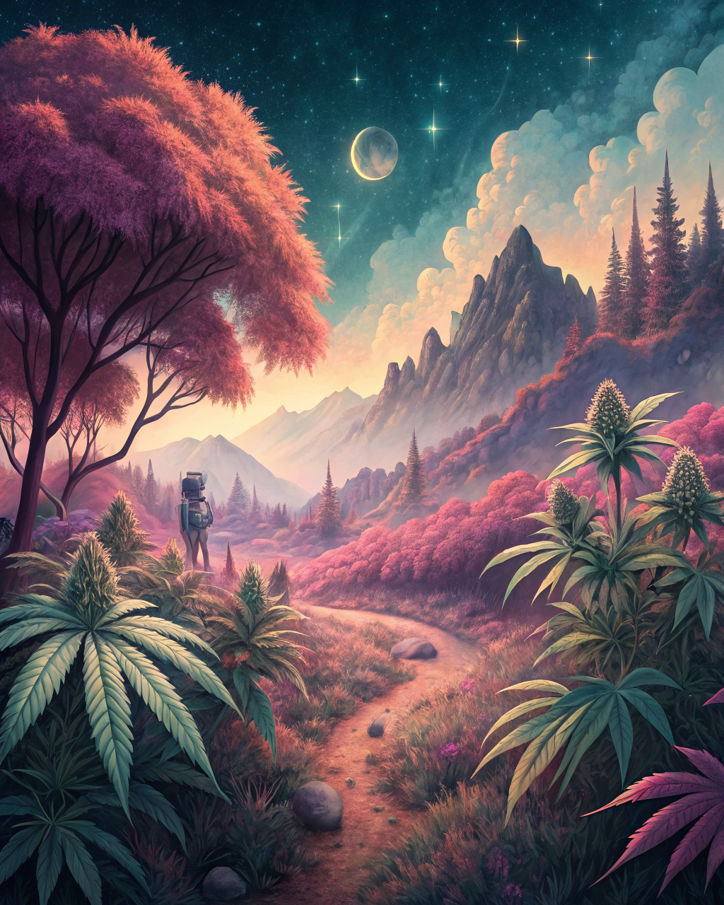 AI generated image by Red Panda AI: Pintura digital de un paisaje con plantas de cannabis, con una paleta de colores onírica y una atmósfera surrealista.