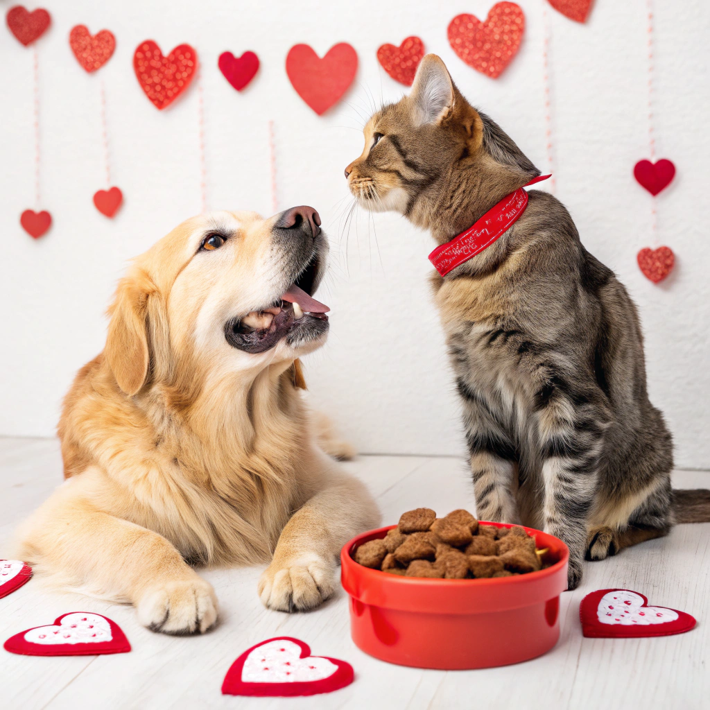 AI generated image by Red Panda AI: una imagen de un perro y un gato disfrutando de un 14 de febrero siendo los mejores amigos, con un fondo blanco 