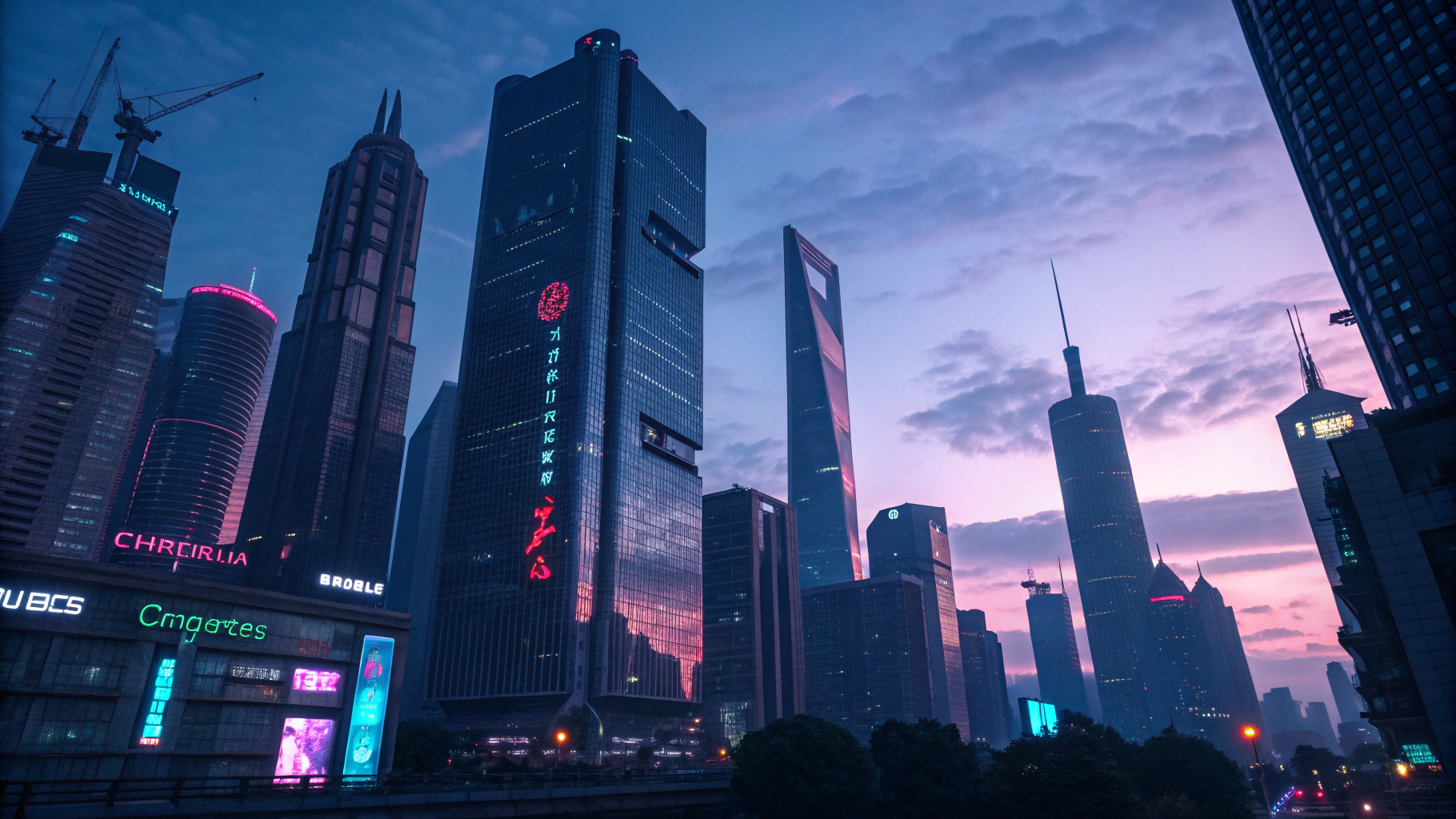 AI generated image by Red Panda AI: DSLR photorealistic Wide-angle shot from a distance, tall buildings with ominous shadows. Wide shot of a futuristic city skyline, corporate towers with clone symbols, dark and moody atmosphere, colorful cyberpunk vibe. Dynamic cinematic lighting