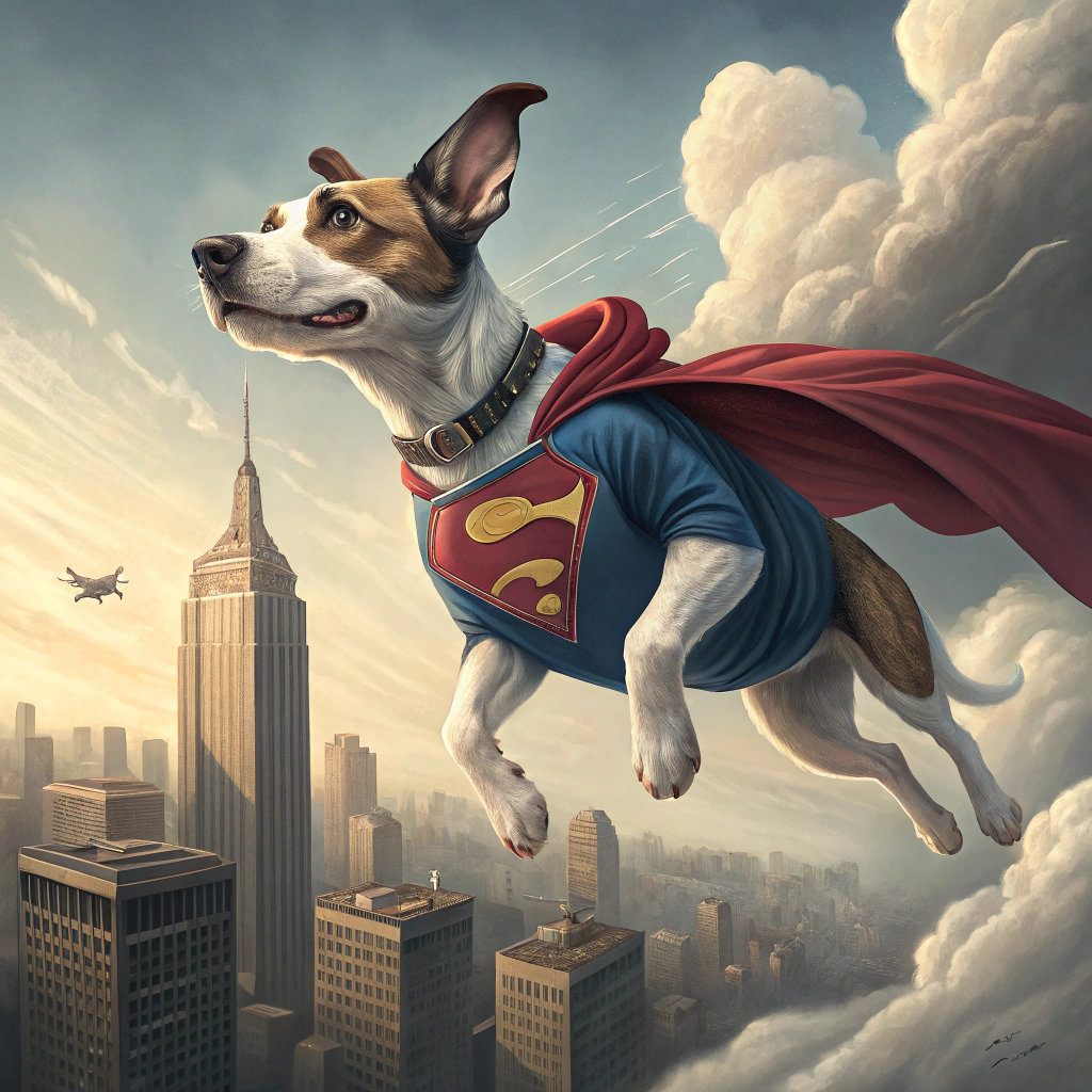 AI generated image by Red Panda AI: un perro volando con el disfraz de superman