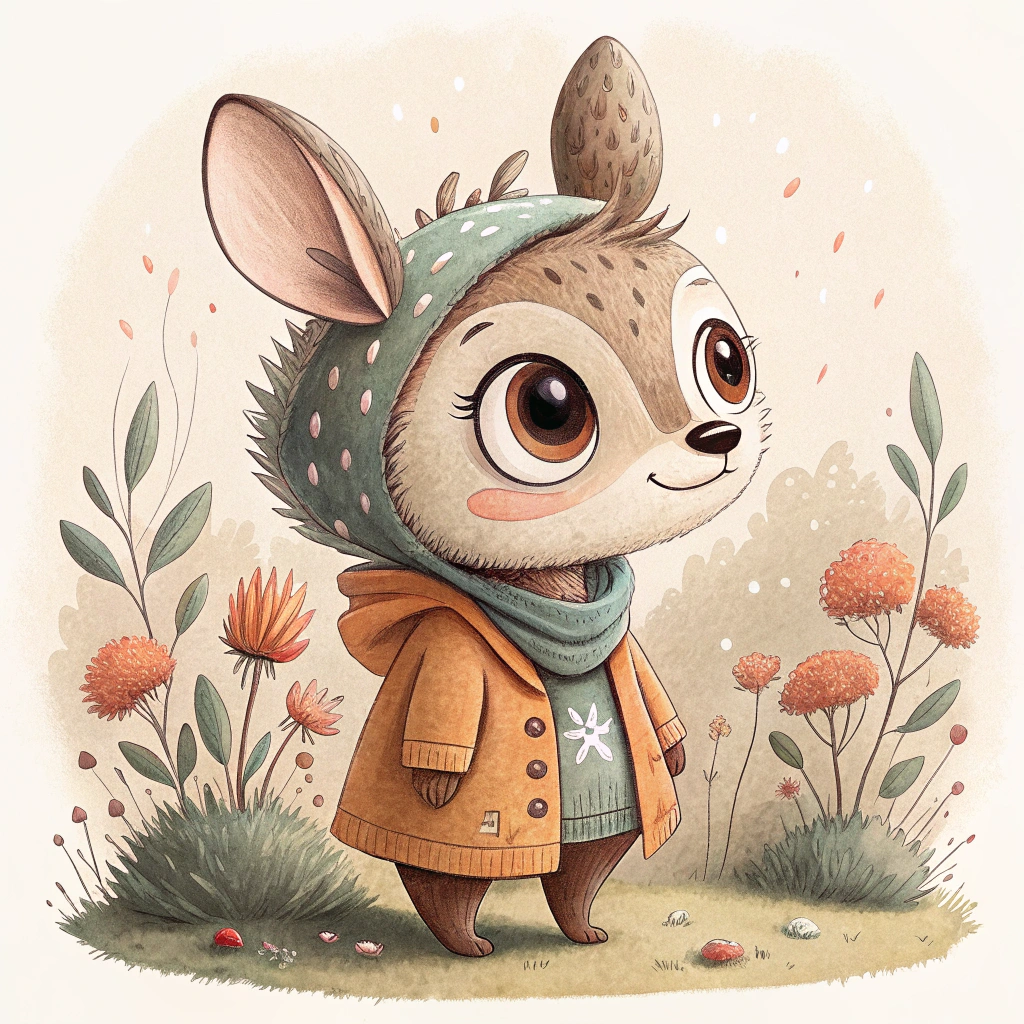 AI generated image by Red Panda AI: génère moi une image d'un animal non genré qui ne ressemble pas a un animal que l'on connait qui serait un personnage principale d'une histoire dessinée dans un style vintage 2D pour enfant en maternel