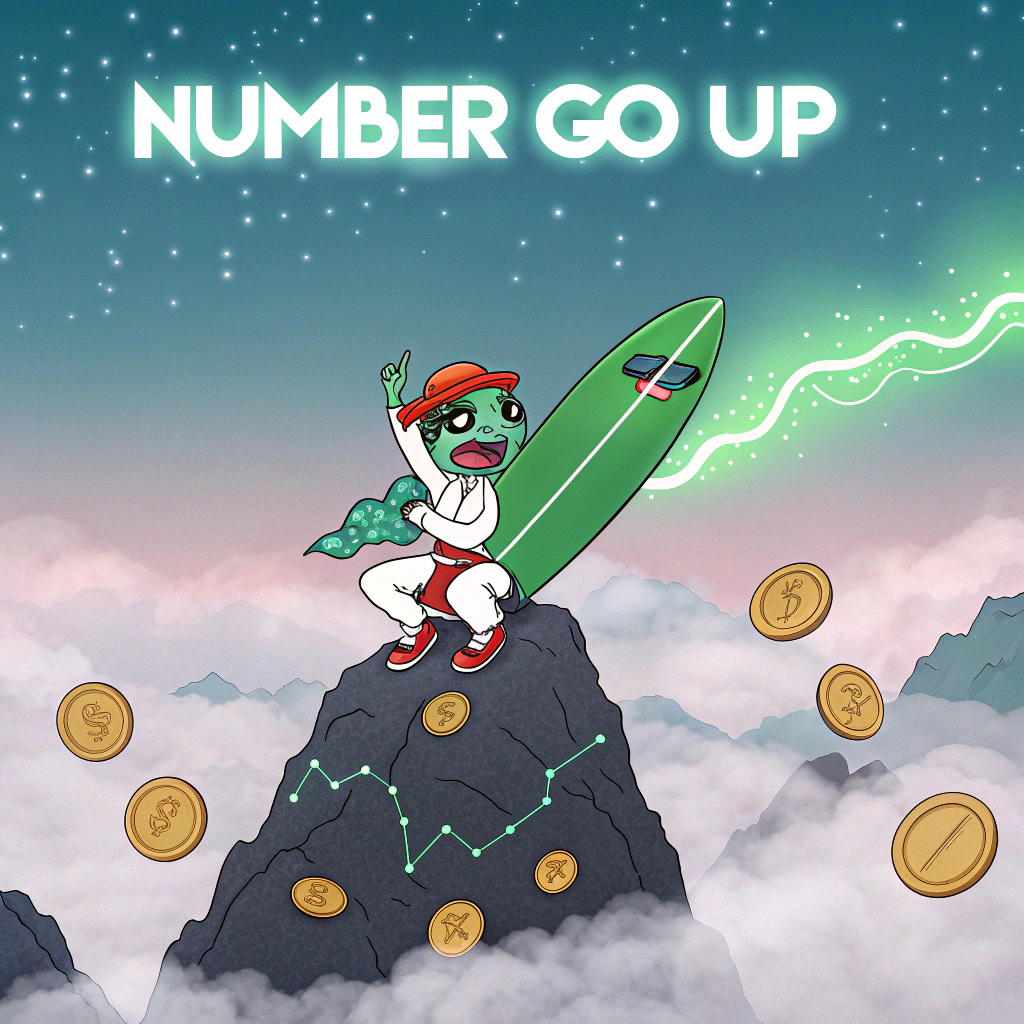 AI generated image by Red Panda AI: "NUMBER GO UP" text over a digital art of crying pepe in lotus position floating above a mountain peak, wearing a colander hat, tears streaming upward defying gravity, riding a giant green crypto candlestick chart like a surfboard, smaller memecoins floating around him like sacred mandalas, ethereal glow, vaporwave colors