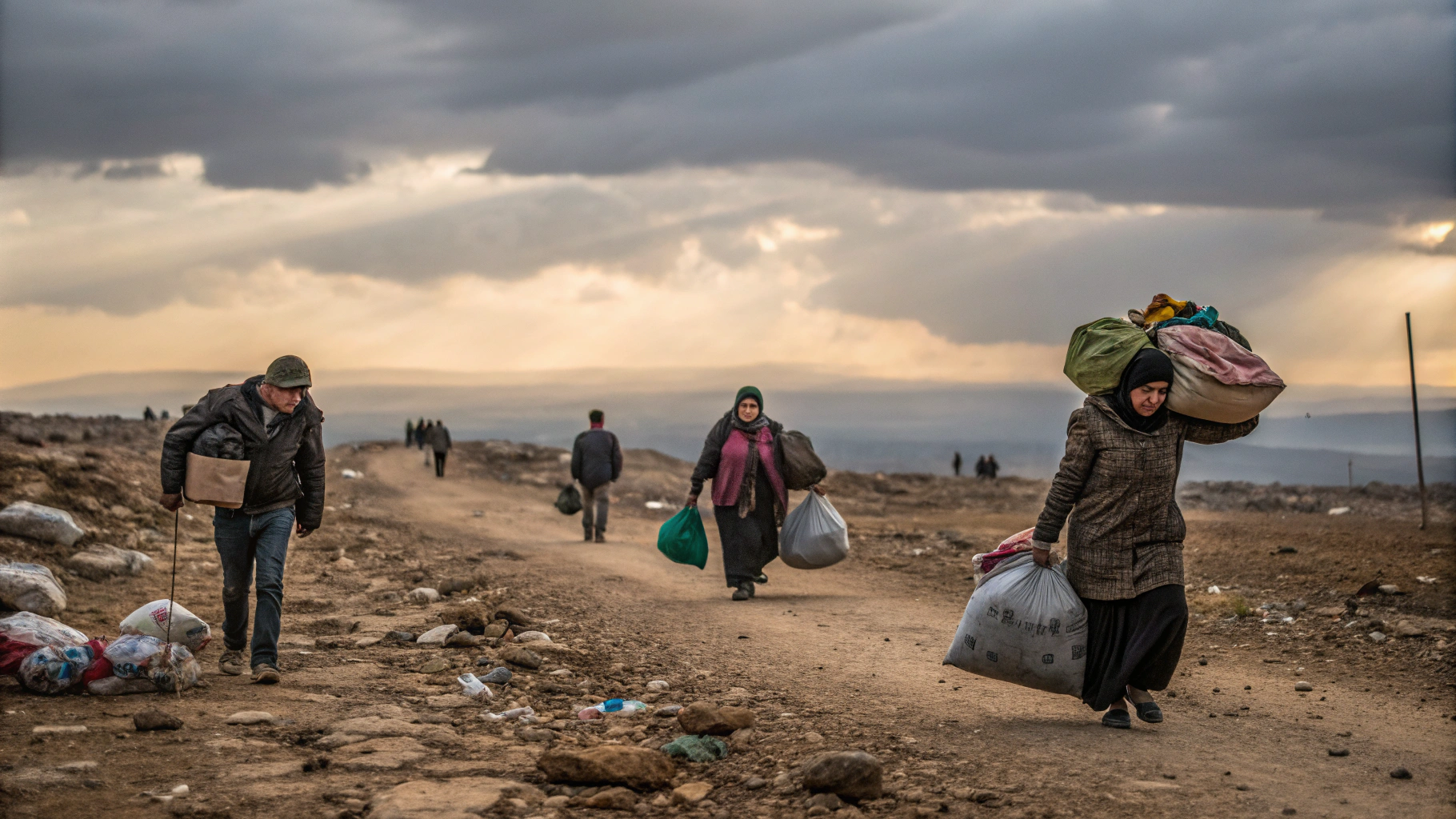 AI generated image by Red Panda AI: A solemn scene of a rugged wilderness under a cloudy sky, where individuals and families are scattered across the land, carrying bundles of belongings. Their faces show both sorrow and determination, as they walk through rocky paths and desolate plains. In the distance, a faint light breaks through the clouds, symbolizing resilience and the hope of returning to their homeland, despite the scars of their journey.
