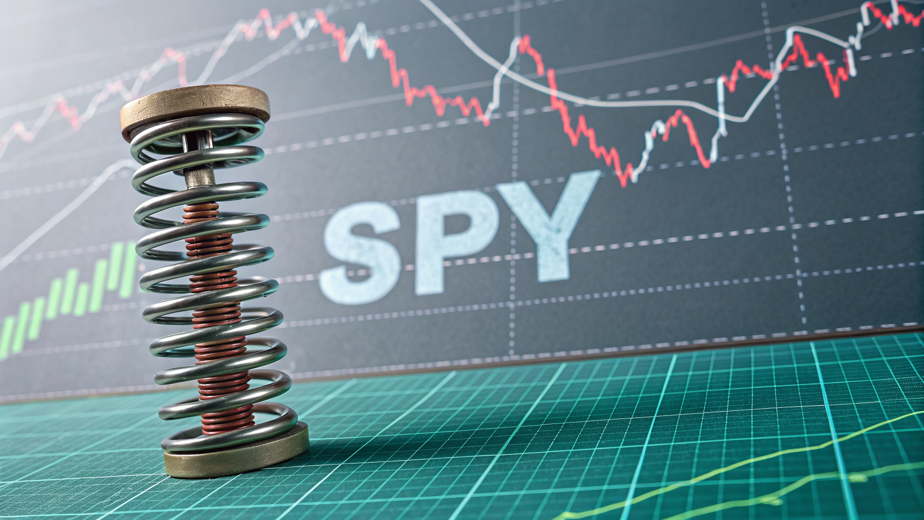 AI generated image by Red Panda AI: the "SPY" as a coiled spring, stock market, "SPY" pent-up energy released