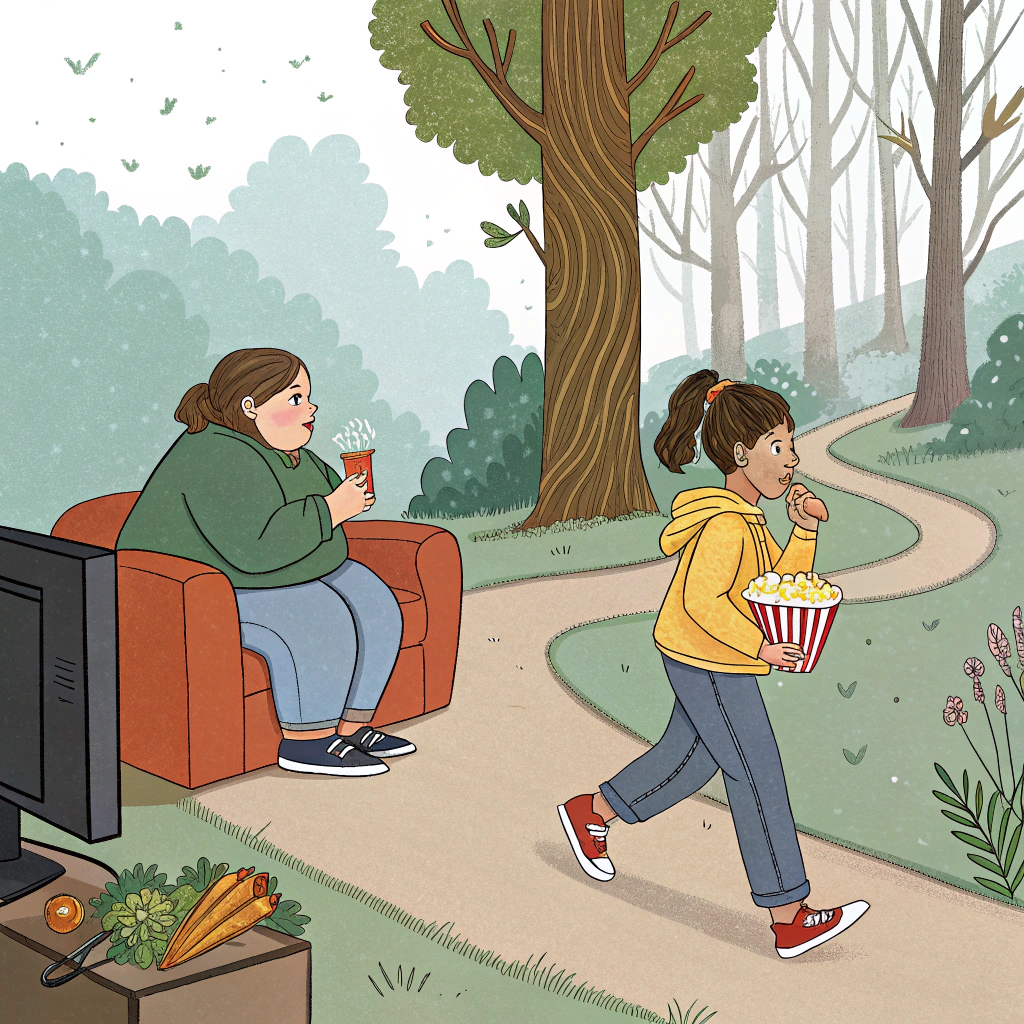 AI generated image by Red Panda AI: Una imagen partida en dos, en una parte un niño obeso viendo la television y comiendo bolsas de palomitas,en la otra parte una niña paseando por un bosque