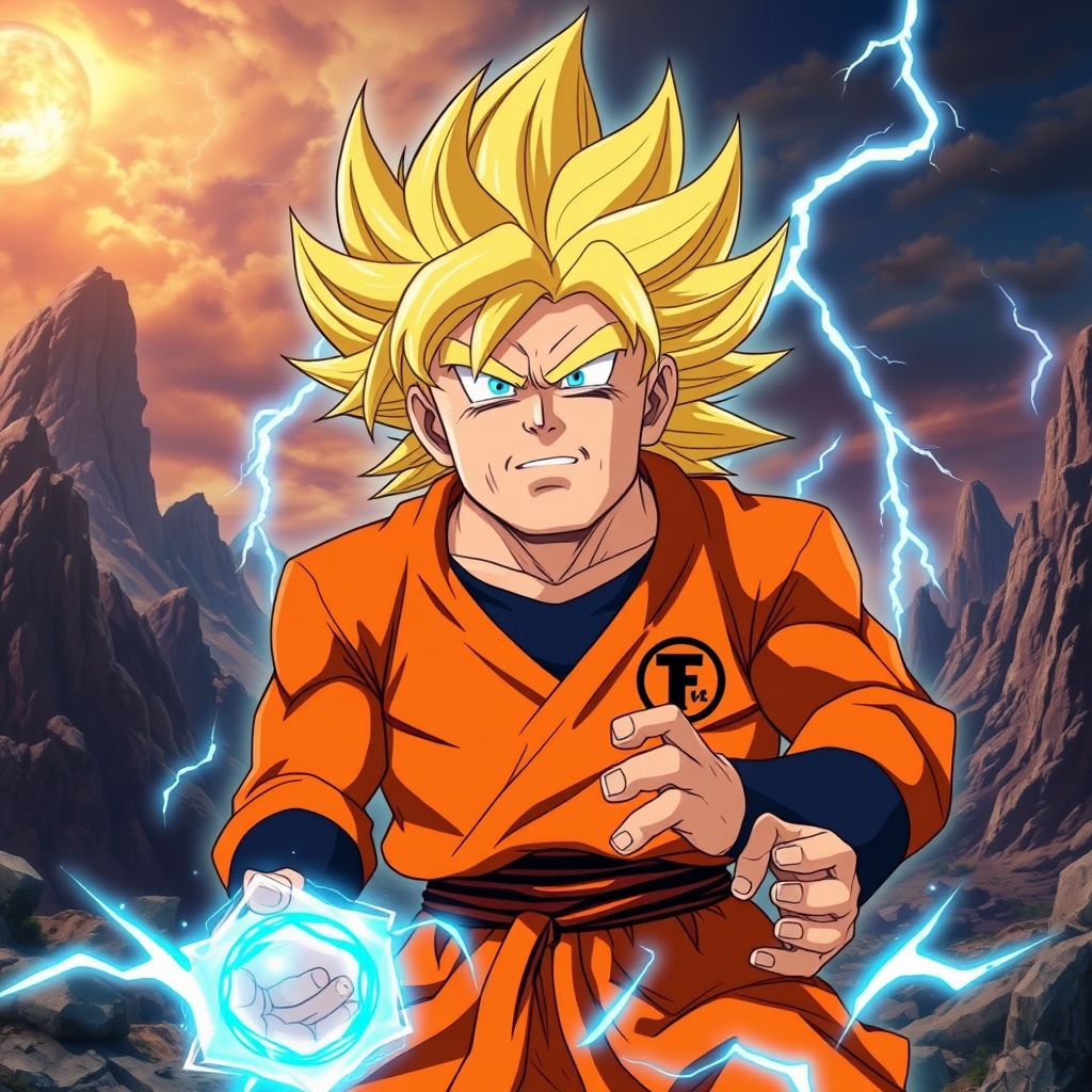 AI generated image by FLUX.1-schnell: An anime version of Donald Trump in an epic style inspired by Dragon Ball. Donald Trump is depicted as a powerful hero with golden Super Saiyan-style hair, glowing blue eyes, and a radiant energy aura surrounding his figure. He wears an outfit resembling traditional Dragon Ball battle costumes, with a 'T' emblem on his chest. The background features a vibrant battlefield with shattered mountain landscapes and lightning bolts emphasizing his strength. In his hands, he holds an energy sphere glowing with bright blue light, ready to strike. The atmosphere is dynamic and intense, with detailed energy and motion effects characteristic of the Dragon Ball anime style.