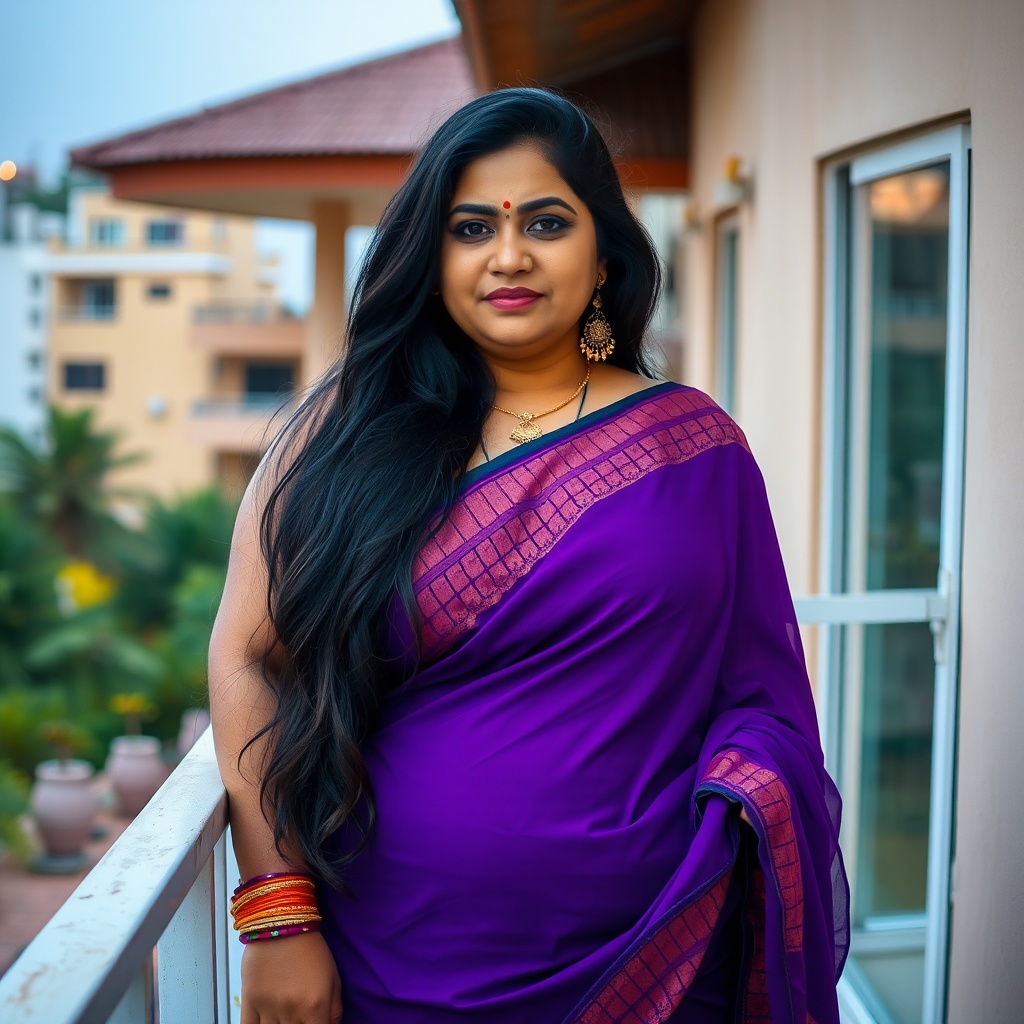 AI generated image by FLUX.1-schnell: Indian milf with long hair, 40 yo, plus size, balcony, purple saree, busty, thick