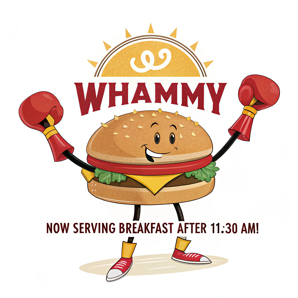 AI generated image by Red Panda AI: Restaurant name is "Whammy Burger", logo is smiling cheeseburger in the style of Mayor McCheese, looking straight ahead, with skinny black legs, and skinny black arms, wearing red boxing gloves, and wearing yellow boxing shorts with a red stripe, as logo on a plain white background, there is a red letter "W" on the yellow shorts, There is a slogan that reads, "Now Serving Breakfast After 11:30 AM!"