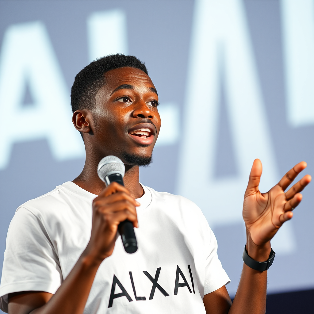 AI generated image by FLUX.1-schnell: An up-close image of a young Cape Verdean person giving an animated talk about artificial intelligence. The person is dressed in a white t-shirt with the words ‘ALX  AI’ clearly printed on it. They are holding a microphone in one hand, speaking expressively with a look of excitement and enthusiasm. The background features the text ‘ALX AI’ in large, bold letters, subtly blurred to keep the focus on the speaker. The scene is well-lit, highlighting the person’s dynamic gestures and the energy they bring to the topic of artificial intelligence. The overall scene is vibrant and dynamic, capturing the energy of a live website demonstration