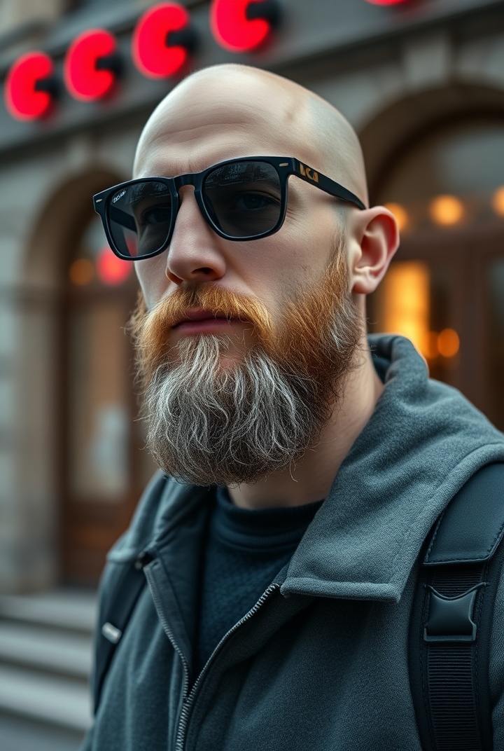 AI generated image by FLUX.1-schnell: a realistic photo of an Polish photographer, 20-year old, stubby bearded and bald, sunglasses, standing in front of a building with red lights
