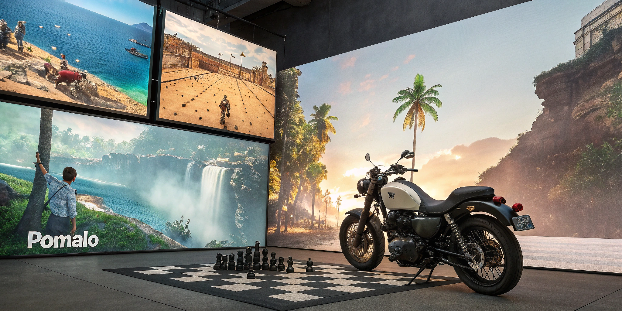 AI generated image by Red Panda AI: wallpaper that spred on 2 screens in 4k. It needs to feature elements of parkour, airsoft, chess, board games, scuba diving, paracutin, motorcycle cruiser like honda rebel 1100 and somewhere write text "Pomalo" 