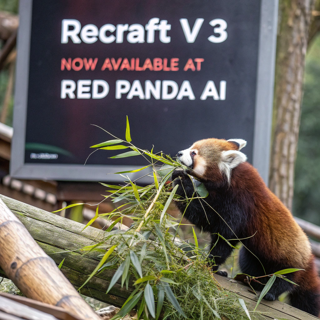 AI generated image by FLUX.1-schnell: a red panda eating a bamboo in front of a poster that says "recraft V3 now available at red panda ai