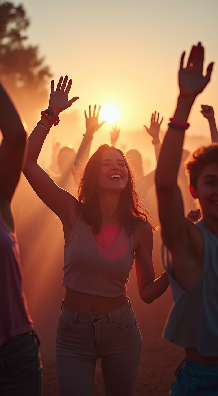 AI generated image by FLUX.1-pro: Wide-angle shot of a crowd of people dancing energetically at an outdoor festival as the first light of dawn breaks over the horizon. Silhouetted against the soft, golden-pink glow of sunrise, their movements are joyful and free, hands raised to the sky, with dust gently rising around their feet, catching the morning light. The camera captures a smooth tracking shot, weaving through the crowd to reveal smiling faces and colorful festival outfits. Shot in 4K cinematic quality, the scene feels warm and lively, with the light creating soft, dreamy flares across the lens. The vibrant colors of the people’s clothing are slightly softened by the golden hues, adding a nostalgic, magical quality to the early morning celebration.