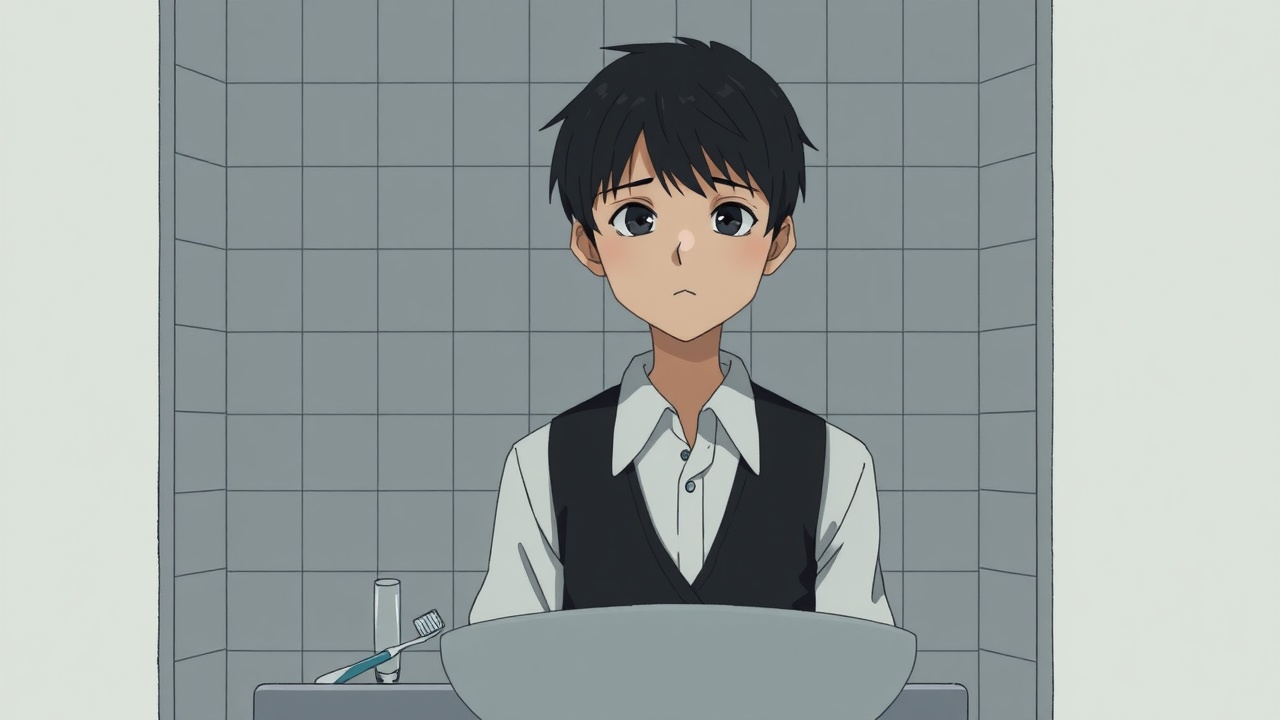 AI generated image by FLUX.1-schnell: Omori artstyle, The image depicts a young person standing in front of a bathroom sink, their expression somber. Their dark hair is neatly styled, and they are dressed in a white shirt with a dark vest. The tiled walls behind them are plain and featureless, creating a sense of isolation. The only other elements in the scene are a toothbrush and a glass on the counter, suggesting a routine that the individual may find difficult to engage in. The overall mood of the image is melancholic, hinting at a sense of loneliness or sadness. The subdued colors and minimalist composition further contribute to the somber atmosphere.  The image leaves room for interpretation, inviting viewers to consider the inner thoughts and feelings of the subject.