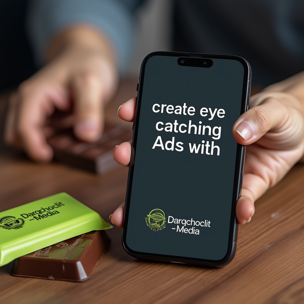 AI generated image by FLUX.1-pro: A professional stock photo of a hand holding an iPhone with a screen that says "create eye catching Ads with Darqchoclit-Media". The iPhone is placed on a wooden surface. There are chocolate and lime green chocolate bars with the Darqchoclit-Media logo. The background is neutral.