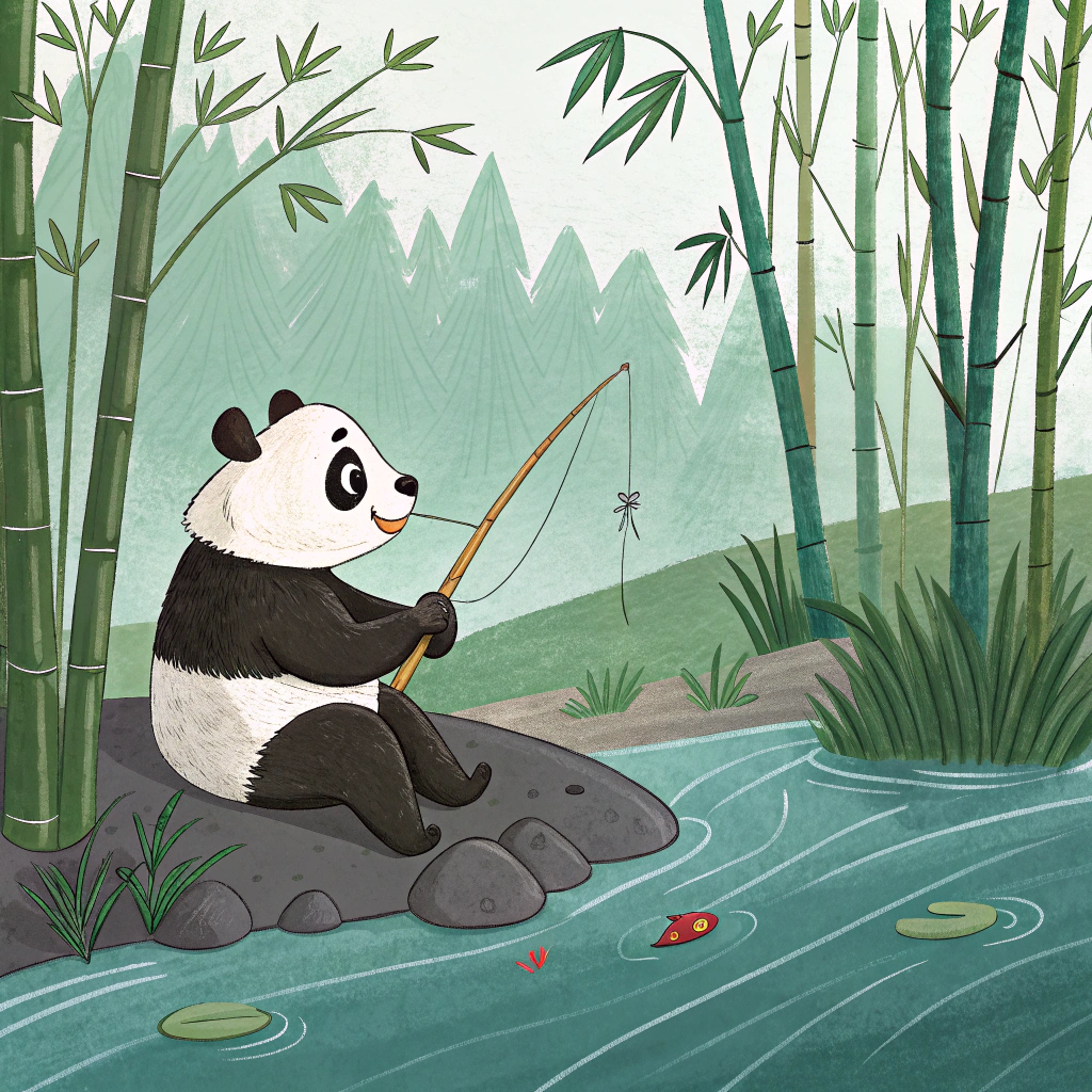 AI generated image by Red Panda AI: 一个熊猫坐在湖边垂钓，周围是竹林，熊猫在画面是侧坐着。