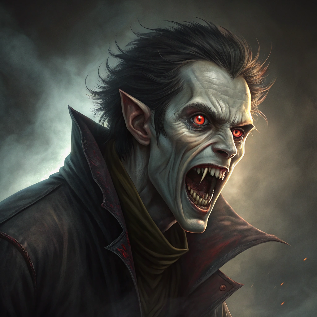 AI generated image by Red Panda AI: a scary vampire with big teeth and glowing eyes