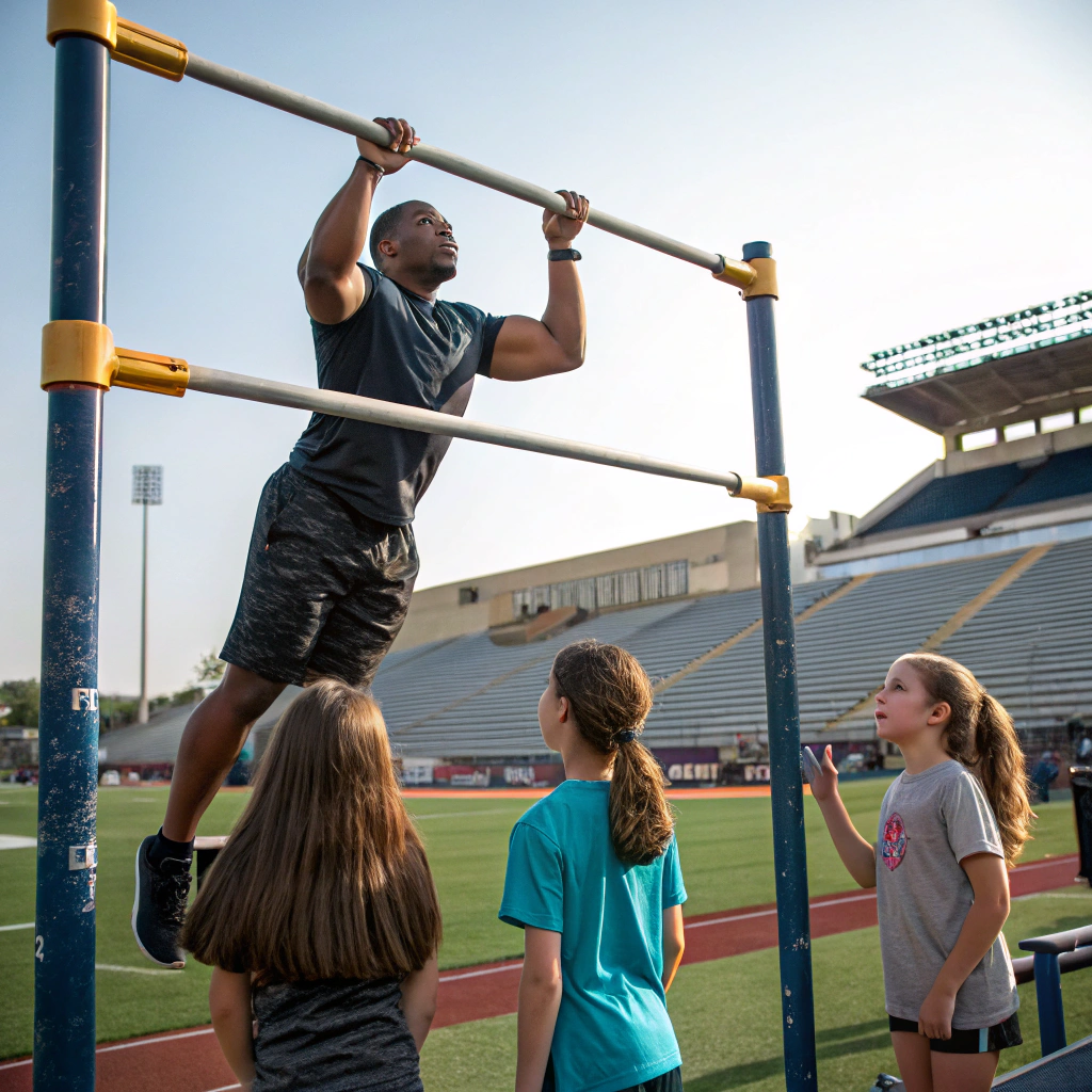 AI generated image by Red Panda AI: Guy doing pull ups on stadium while girls look at jim 