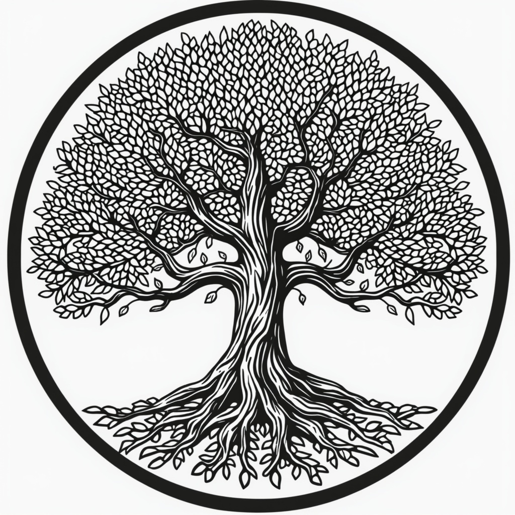 AI generated image by FLUX.1-pro: Create a detailed black and white vector illustration of a Tree of Life inside a bold, black-outlined circle. The tree should have a thick trunk splitting into two main branches, expanding into a network of smaller branches filled with leaves. The roots should be visible, spreading and intertwining. The design must be lush, symbolic, and well-balanced, with simplified linework suitable for a logo, not overly minimalist. The composition should feel elegant, clean, and visually strong, contained within the circle on a white background.