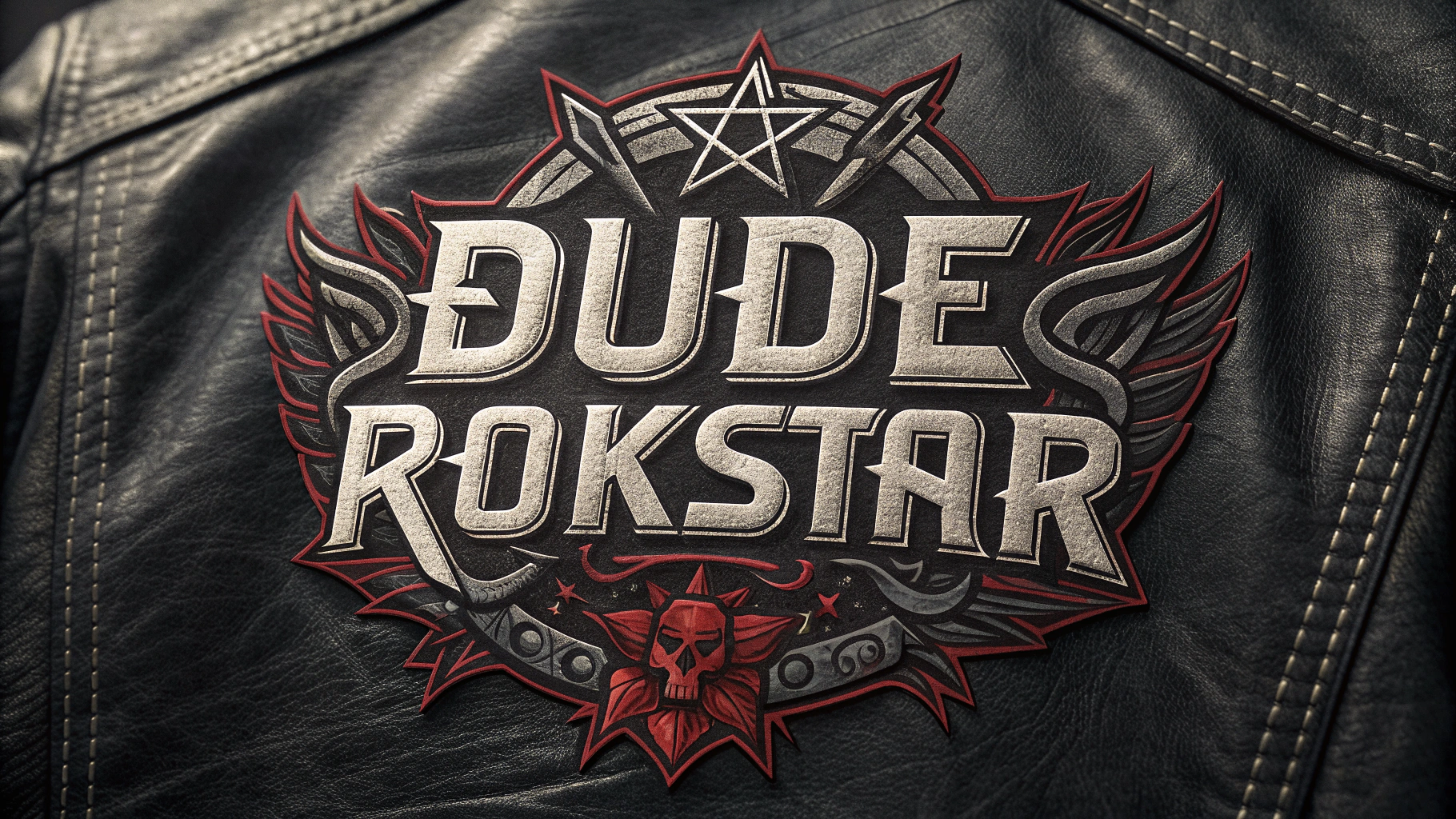 AI generated image by Red Panda AI: "Dude Rokkstar" logo using a heavy metal font, bold, strong, powerful, as a patch on a leather jacket
