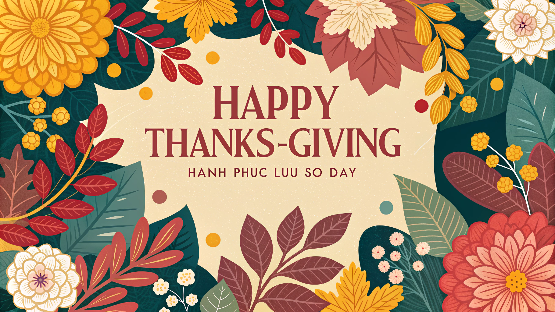 AI generated image by Red Panda AI: design a thanks-giving poster, with rich layers of autumn flowers and leaves. the color is warm and joyous, with many layers of design. the middle of the poster is with the text: "Happy Thanks-Giving 感恩当下 美好常在"