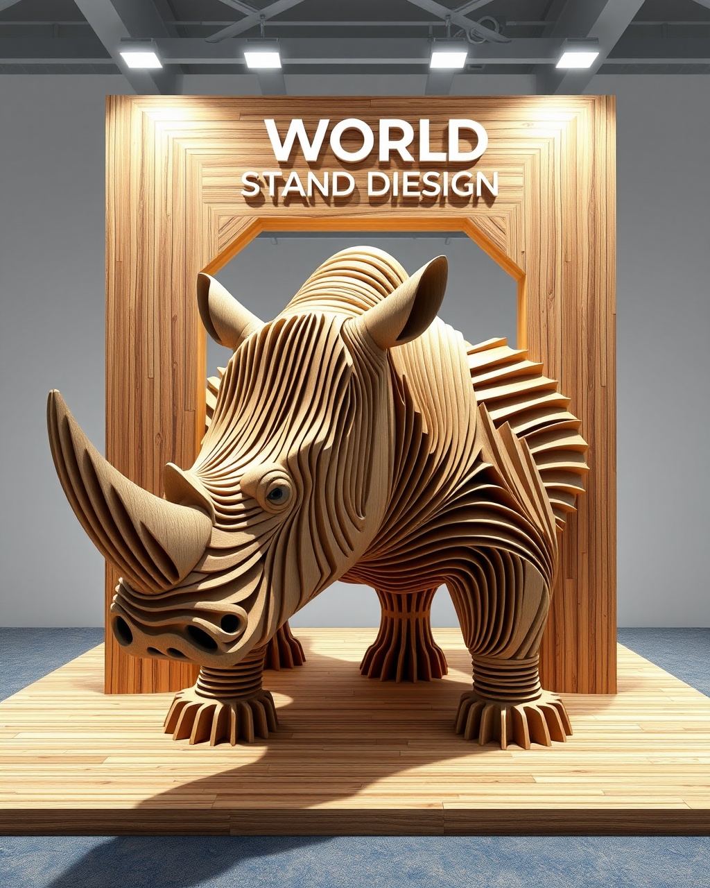 AI generated image by FLUX.1-schnell: Create a visually striking and captivating rendering for the "WORLD STAND DESIGN" exhibition booth. The design should prominently showcase the company’s logo at the top, ensuring it stands out and draws the eye of attendees. 

For the booth's aesthetic, draw inspiration from an abstract 2D representation of a rhinoceros. This will be achieved through the innovative use of wooden strips, each measuring 2 cm in thickness, arranged artistically to evoke the qualities and silhouette of the rhinoceros. The strategic placement and layering of these wooden elements will not only highlight the unique theme but also create a dynamic visual experience that engages and intrigues visitors, embodying the essence of nature and design.