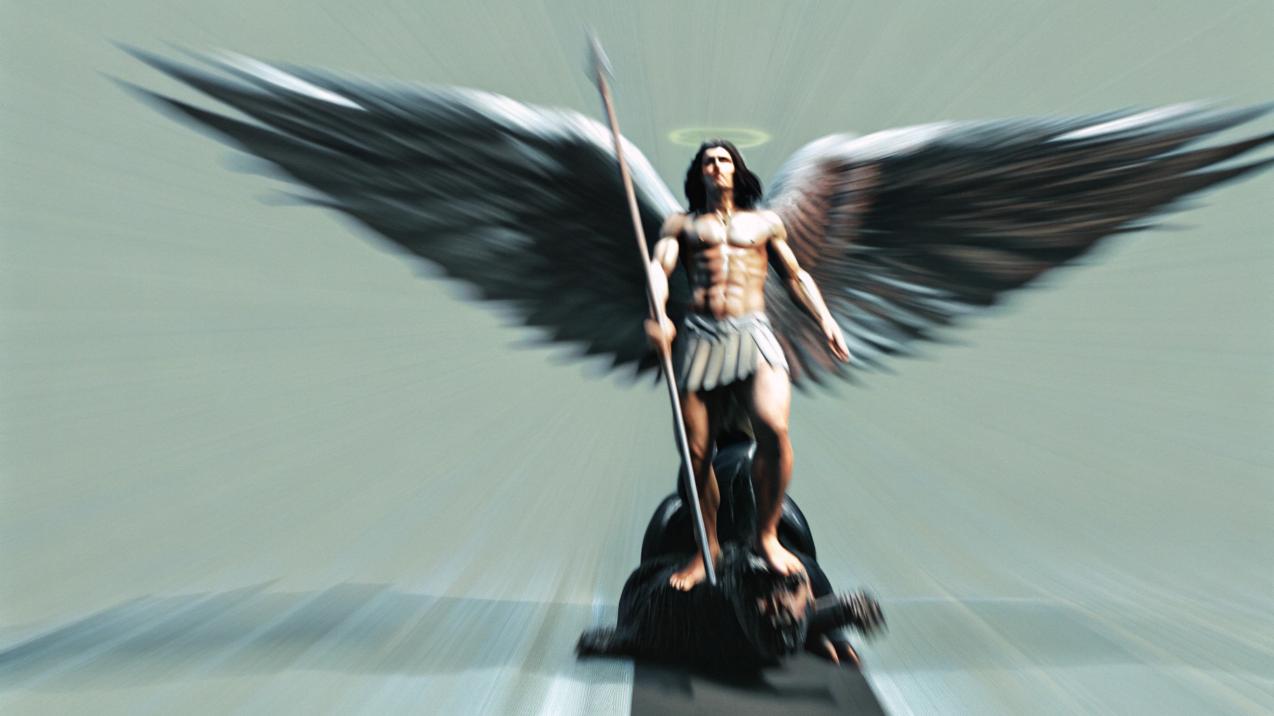 AI generated image by Red Panda AI: Imagina a san Miguel de arcángel descubierto del torso con el abdomen ejercitado pisando el cuerpo de un demonio con cuernos