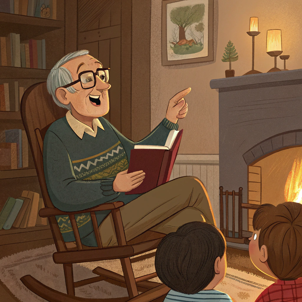 AI generated image by Red Panda AI: An elderly man with a kind face, wearing glasses and a cozy sweater, sitting in a rocking chair by a warm fireplace, telling a magical adventure story to a group of young children. The room is filled with warmth, books, and soft lighting, evoking a nostalgic atmosphere. The man is animated in a Disney Pixar style, with expressive eyes and a gentle smile, as he gestures with his hands, bringing the story to life.