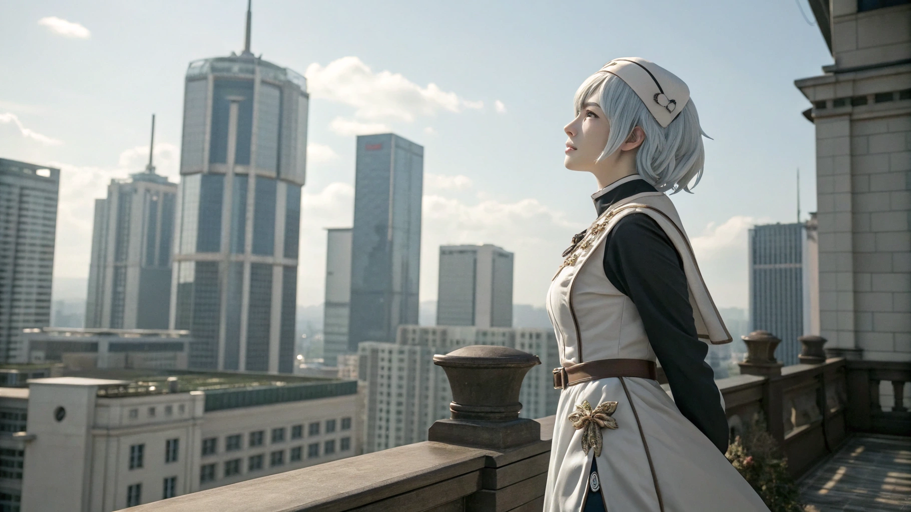 AI generated image by Red Panda AI: Un personaje de anime femenino atractiva de pelo blanco y color de piel claro, vestida de forma antigua noble, mientras mira una ciudad futurista en la parte de arriba de un edificio cuerpo completo.