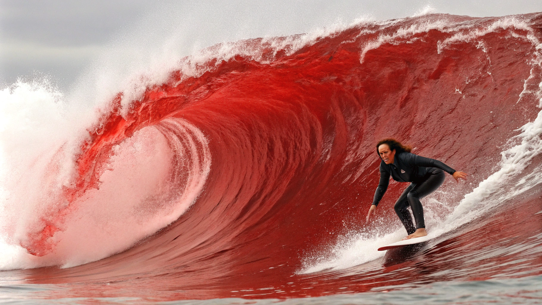 AI generated image by Red Panda AI: Giant red wave crashes down on Kamala Harris.  Kamala Harris is about to be hit with a giant wall of red water.  Donald Trump is surfing on the giant red wave.
