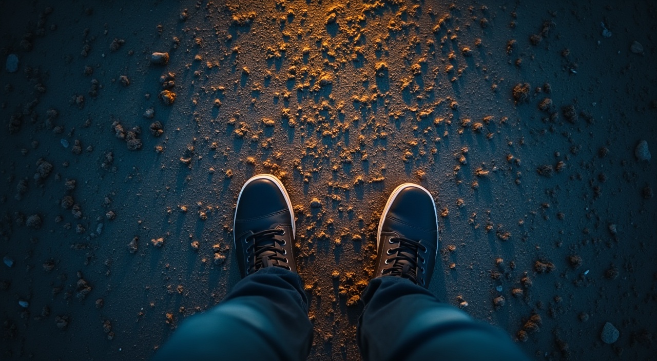 AI generated image by FLUX.1-pro: vista aérea de los pies de un hombre caminando de noche