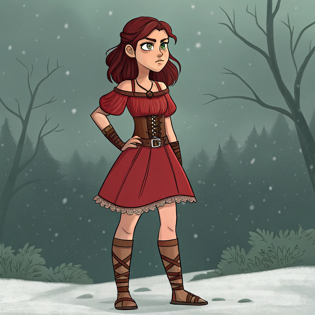 AI generated image by Red Panda AI: A medieval teenage girl, tanned skin, dark wine red hair, pale green eyes, a scowl on her face. She is wearing a red knee-length frock with flounce puff sleeves, a sweetheart neckline and a brown leather lace-up corset belt. She is also wearing brown arm-wraps and leg wraps, and brown sandals. The background is vague, dark greenish grey, like a lush forest in grey air of winter 